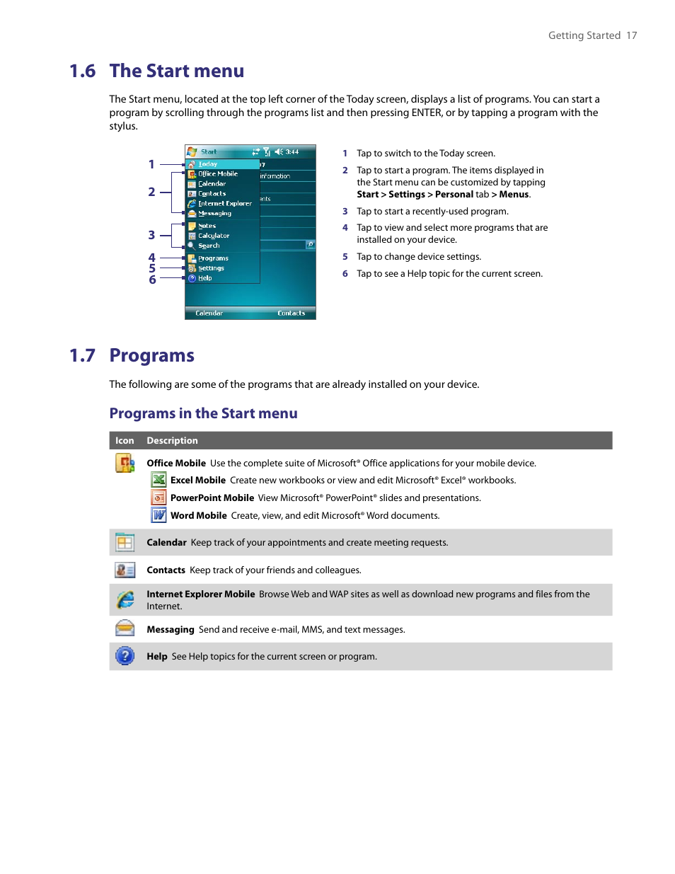 6 the start menu, 7 programs, 6 the start menu 1.7 programs | Programs in the start menu | TAO PDA User Manual | Page 17 / 148