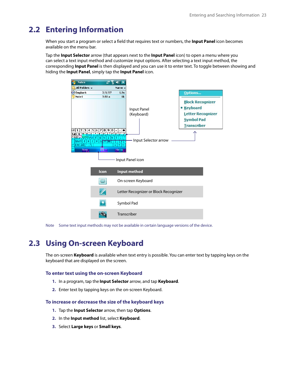 2 entering information, 3 using on-screen keyboard | TAO PDA User Manual | Page 23 / 148