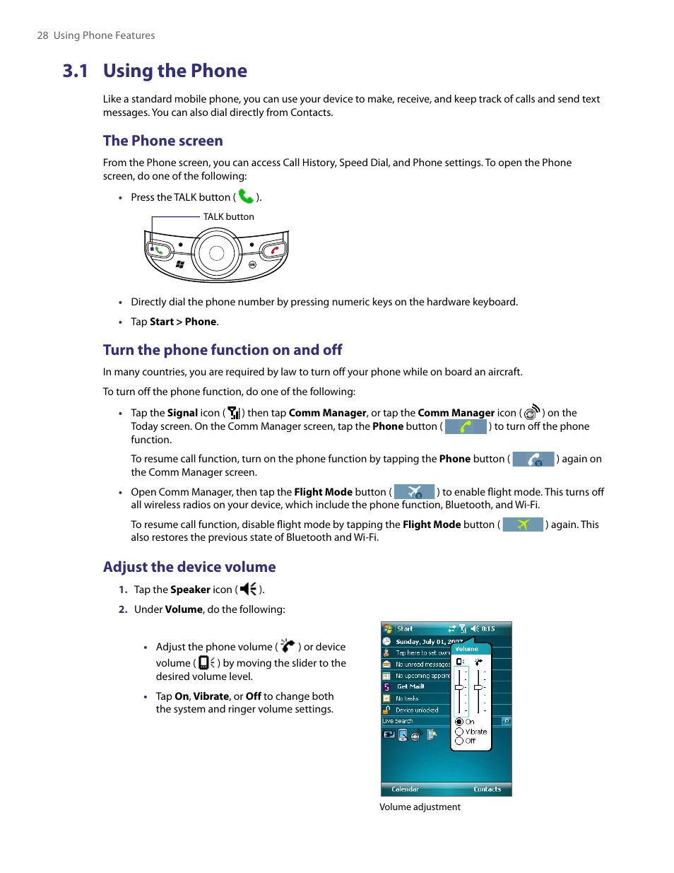 1 using the phone, The phone screen, Turn the phone function on and off | Adjust the device volume | TAO PDA User Manual | Page 28 / 148