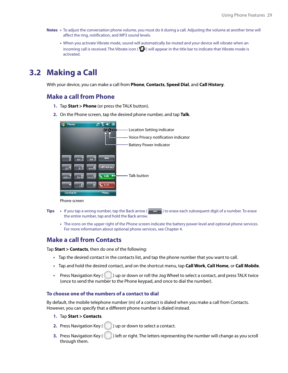 2 making a call, Make a call from phone, Make a call from contacts | TAO PDA User Manual | Page 29 / 148