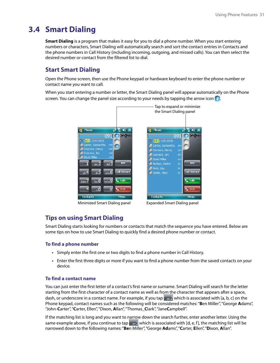 4 smart dialing, Start smart dialing, Tips on using smart dialing | TAO PDA User Manual | Page 31 / 148