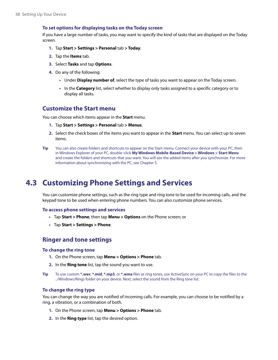 3 customizing phone settings and services, Customize the start menu, Ringer and tone settings | TAO PDA User Manual | Page 38 / 148
