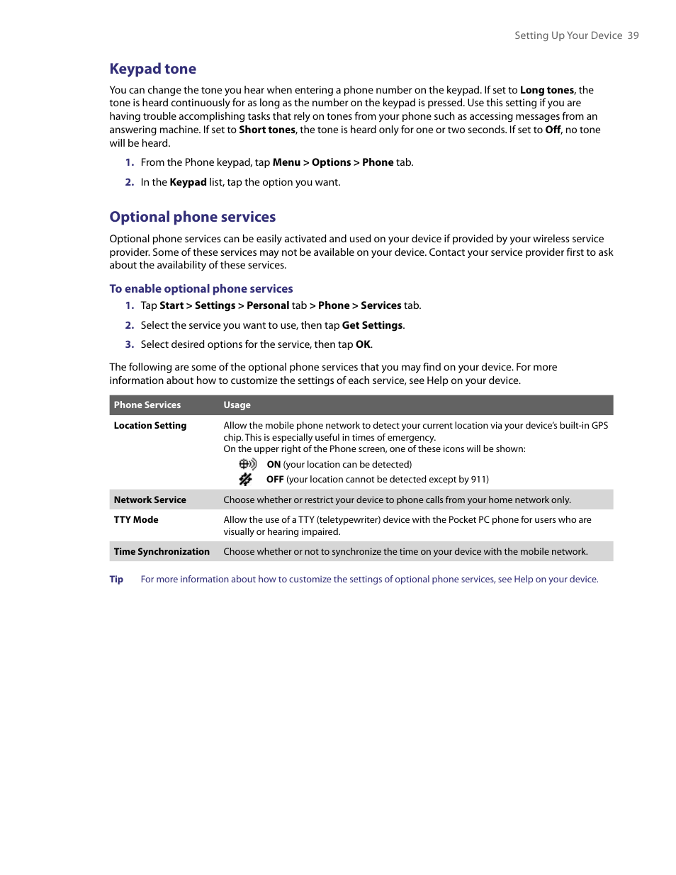 Keypad tone, Optional phone services | TAO PDA User Manual | Page 39 / 148