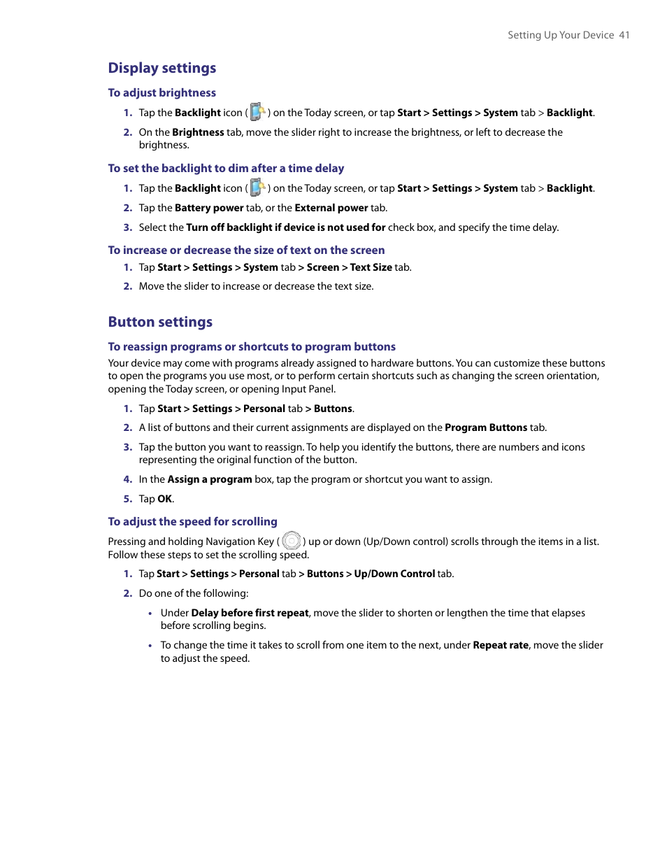 Display settings, Button settings | TAO PDA User Manual | Page 41 / 148