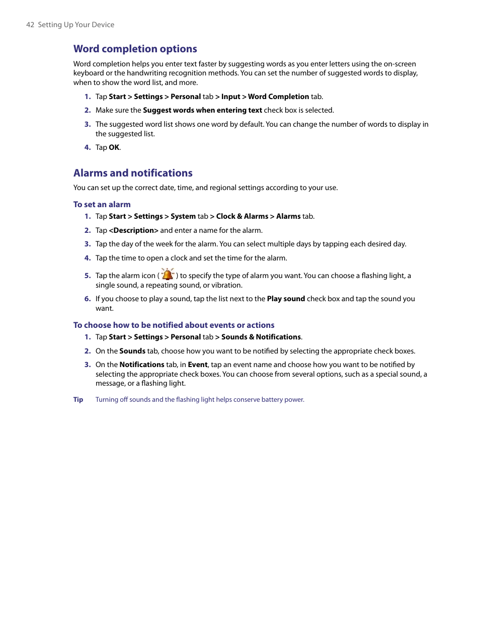 Word completion options, Alarms and notifications | TAO PDA User Manual | Page 42 / 148