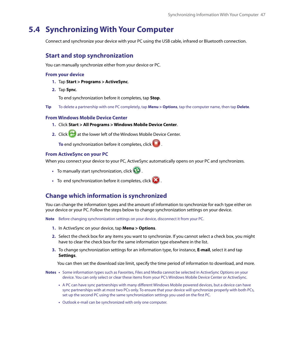 4 synchronizing with your computer, Start and stop synchronization, Change which information is synchronized | TAO PDA User Manual | Page 47 / 148