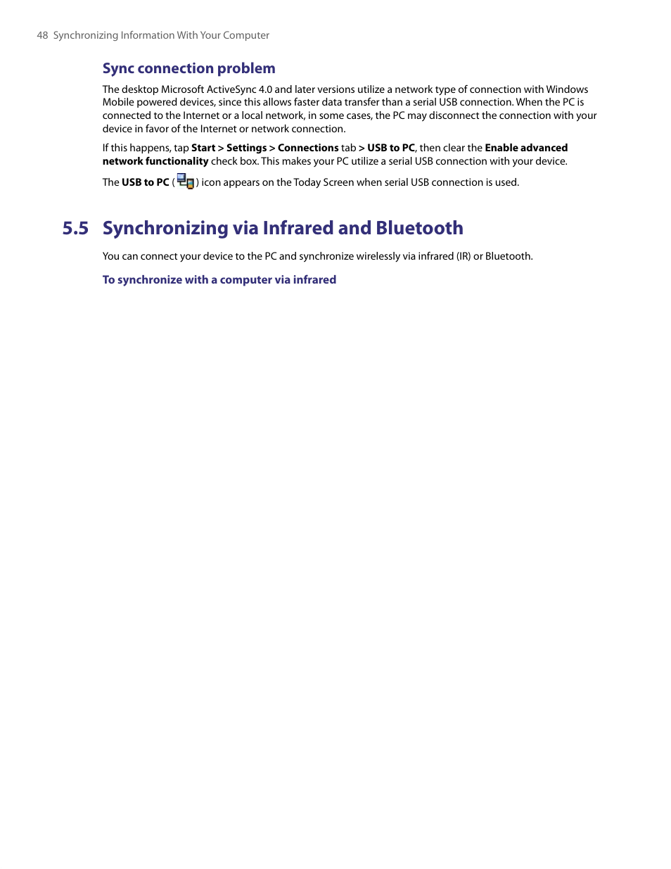 5 synchronizing via infrared and bluetooth, Sync connection problem | TAO PDA User Manual | Page 48 / 148