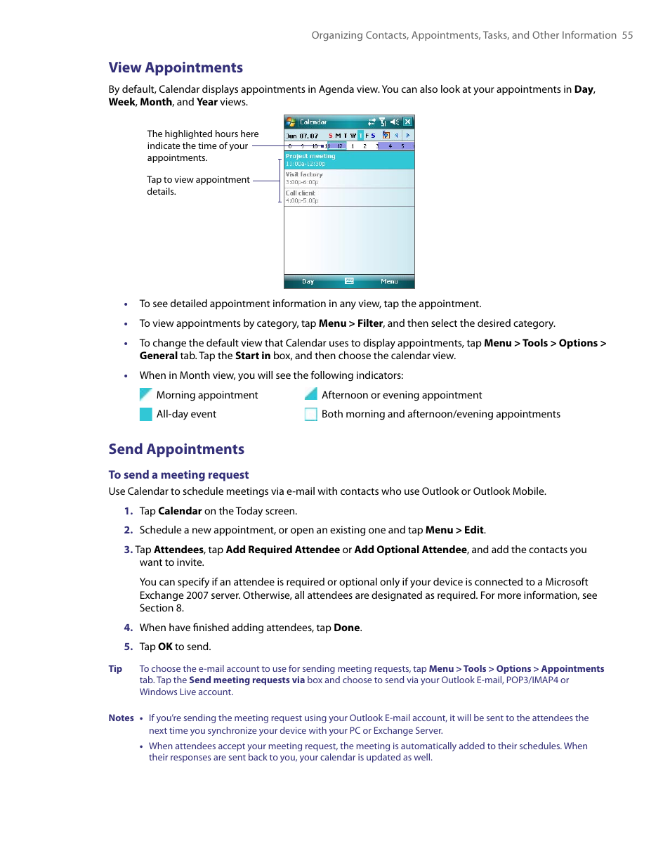 View appointments, Send appointments | TAO PDA User Manual | Page 55 / 148