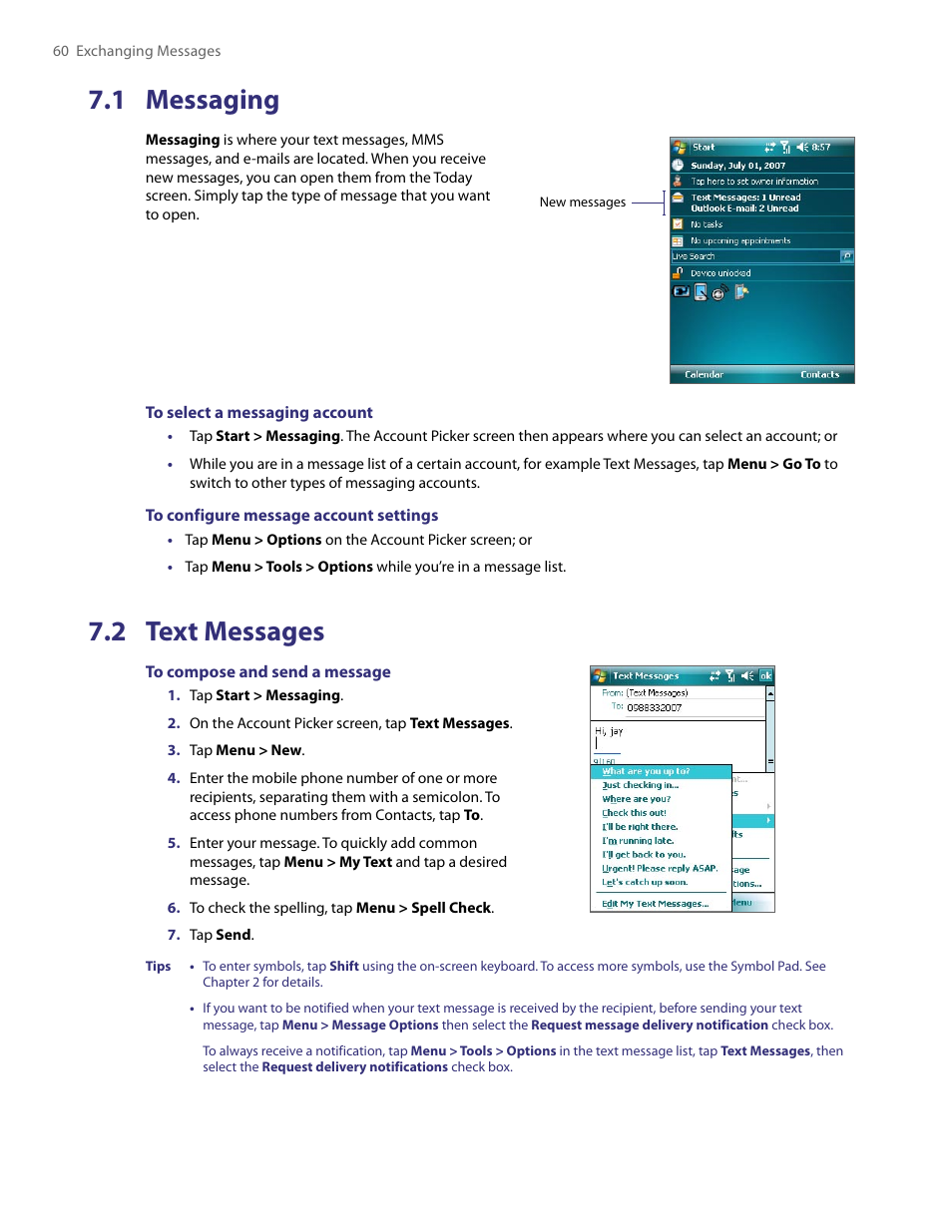 1 messaging, 2 text messages, 1 messaging 7.2 text messages | TAO PDA User Manual | Page 60 / 148