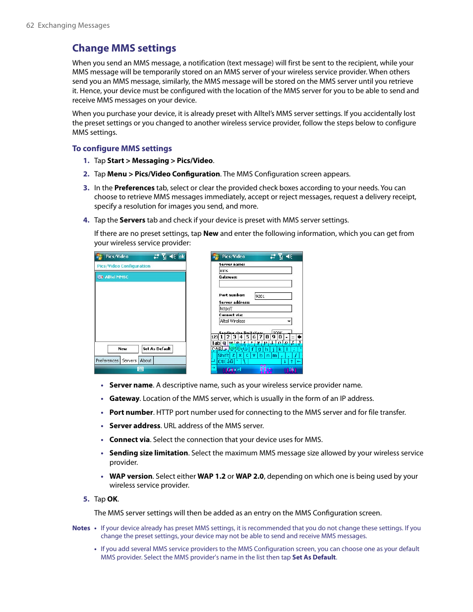 Change mms settings | TAO PDA User Manual | Page 62 / 148