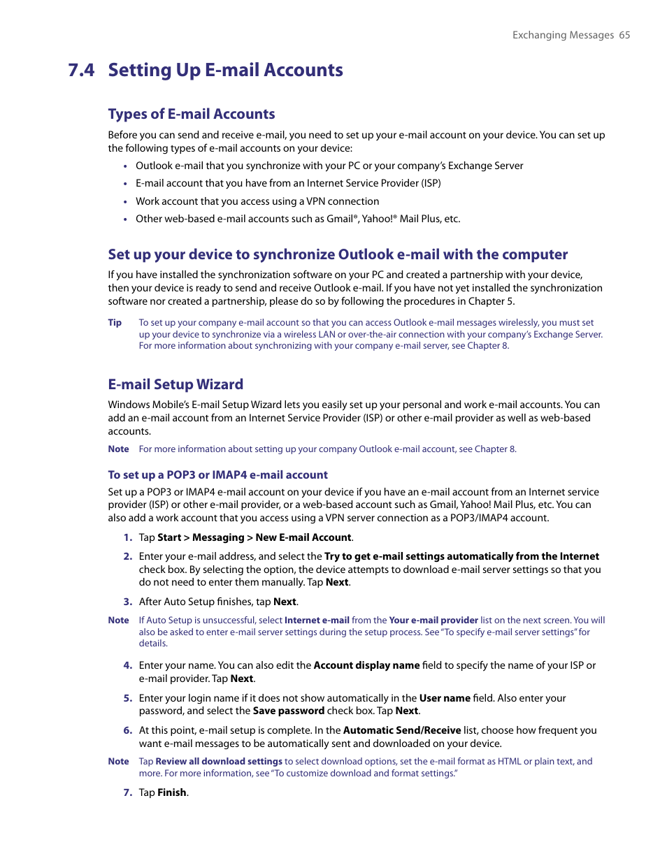 4 setting up e-mail accounts, Types of e-mail accounts, E-mail setup wizard | TAO PDA User Manual | Page 65 / 148