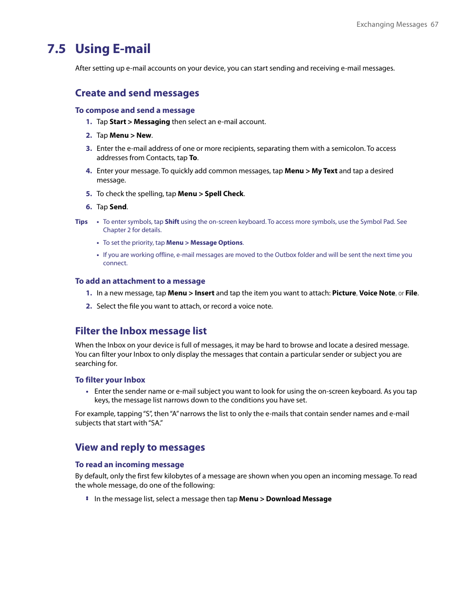 5 using e-mail, Create and send messages, Filter the inbox message list | View and reply to messages | TAO PDA User Manual | Page 67 / 148