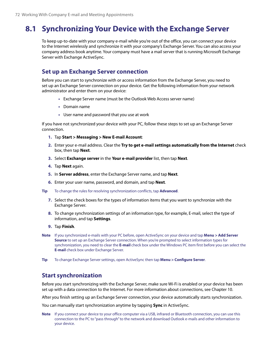 1 synchronizing your device, With the exchange server, Set up an exchange server connection | Start synchronization | TAO PDA User Manual | Page 72 / 148