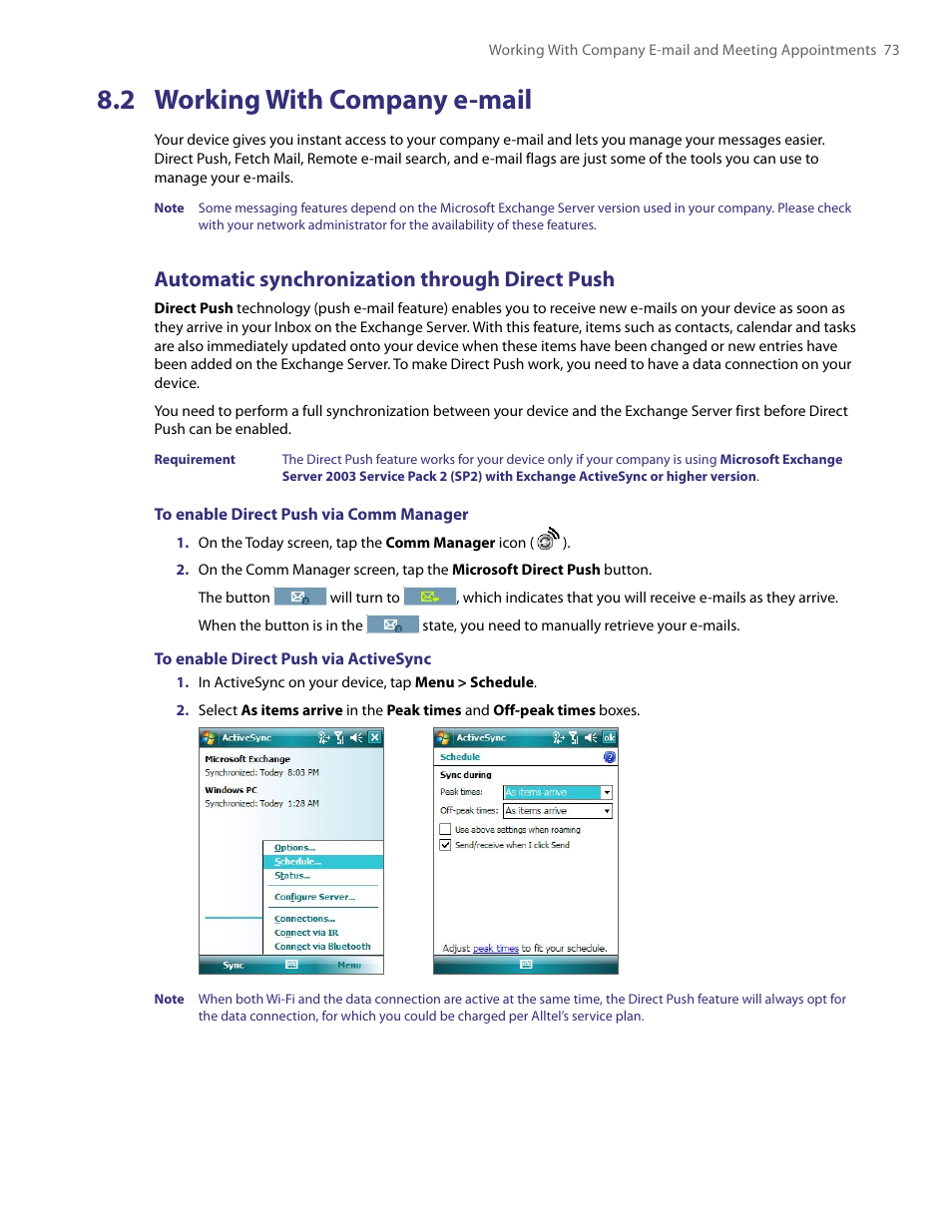 2 working with company e-mails, 2 working with company e-mail, 2 working with | Automatic synchronization through direct push | TAO PDA User Manual | Page 73 / 148