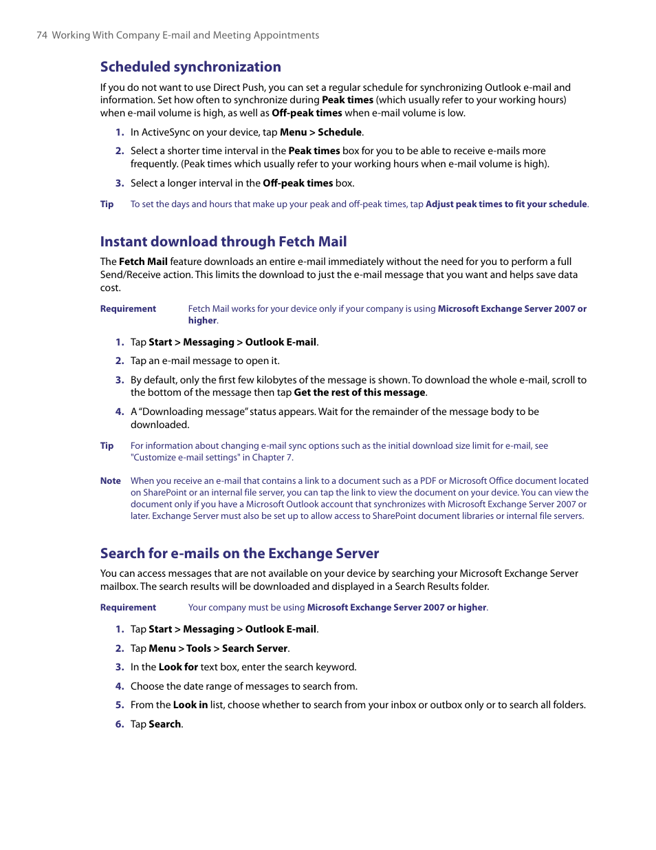 Scheduled synchronization, Instant download through fetch mail, Search for e-mails on the exchange server | TAO PDA User Manual | Page 74 / 148