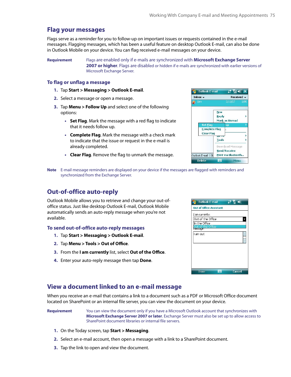Flag your messages, Out-of-office auto-reply, View a document linked to an e-mail message | TAO PDA User Manual | Page 75 / 148