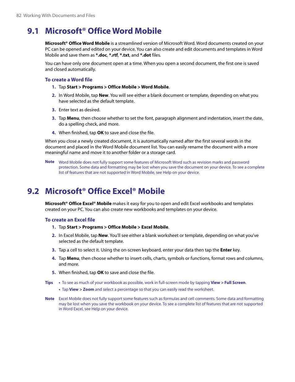1 microsoft® office word mobile, 2 microsoft® office excel® mobile | TAO PDA User Manual | Page 82 / 148