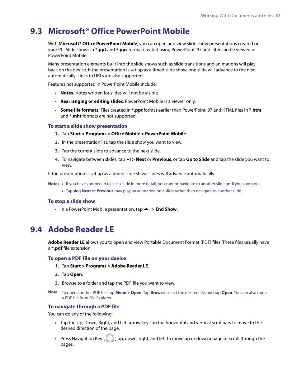 3 microsoft® office powerpoint mobile, 4 adobe reader le | TAO PDA User Manual | Page 83 / 148