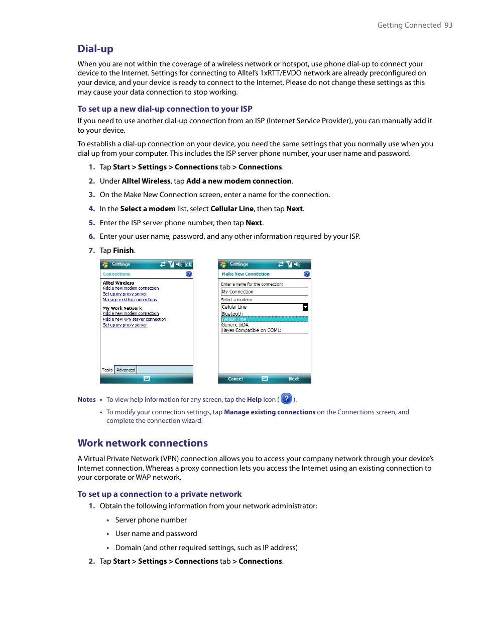 Dial-up, Work network connections | TAO PDA User Manual | Page 93 / 148