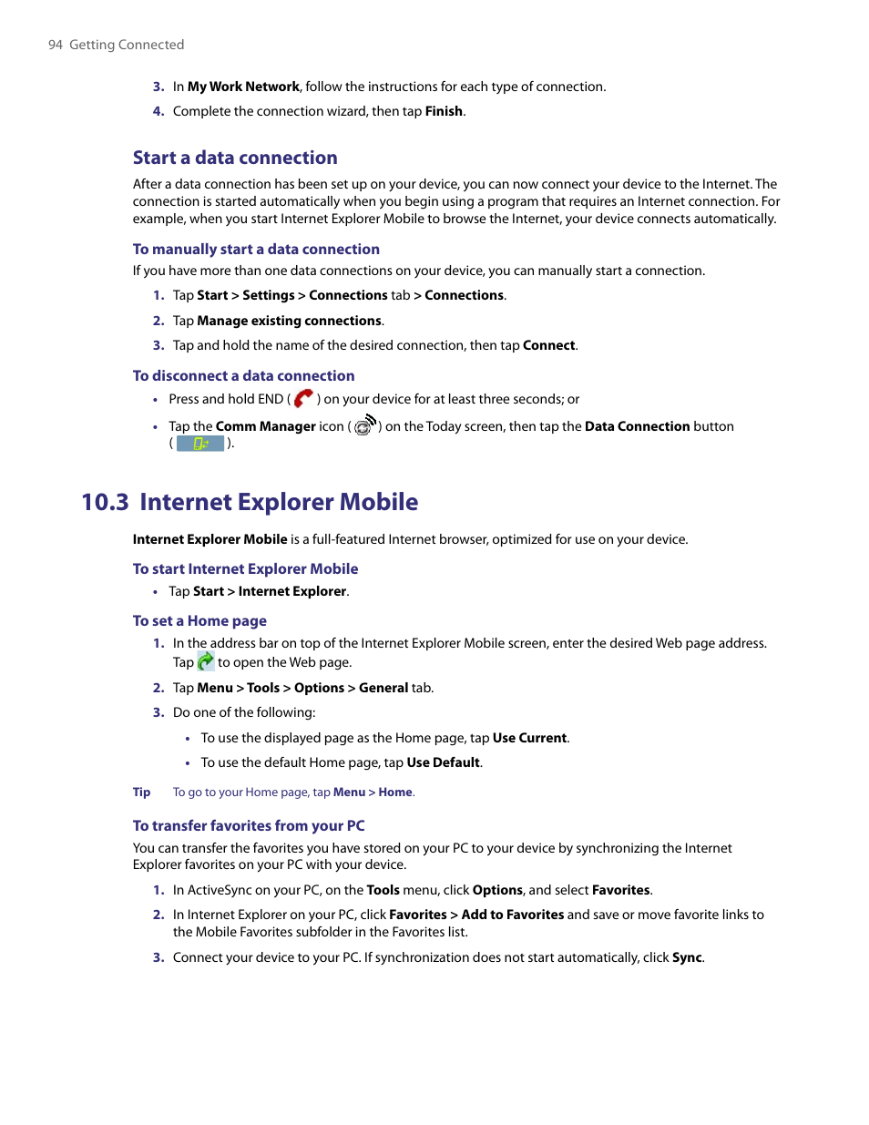 3 internet explorer mobile, Start a data connection | TAO PDA User Manual | Page 94 / 148