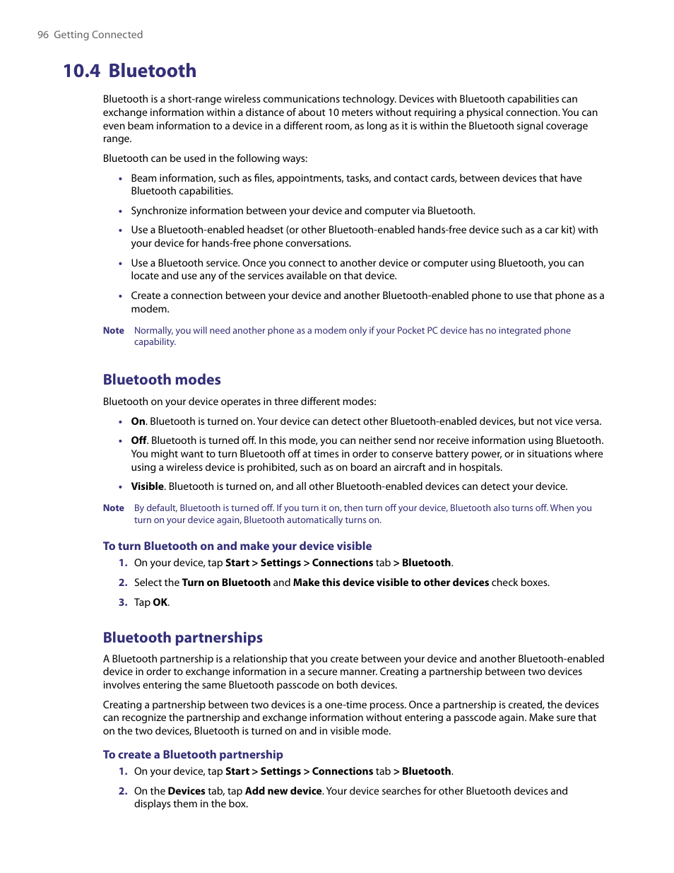 4 bluetooth, Bluetooth modes, Bluetooth partnerships | TAO PDA User Manual | Page 96 / 148