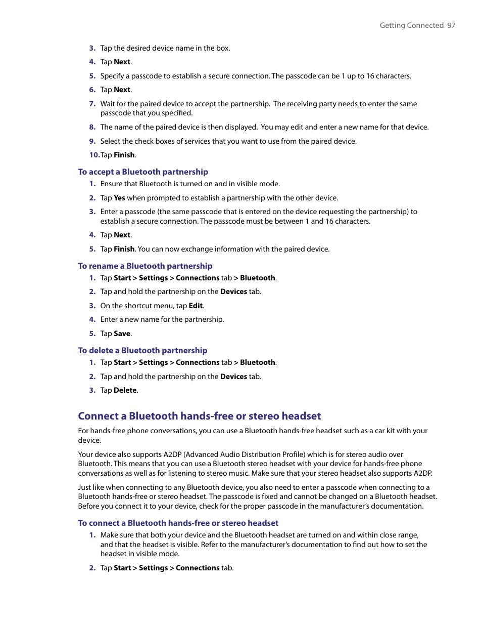 Connect a bluetooth hands-free or stereo headset | TAO PDA User Manual | Page 97 / 148