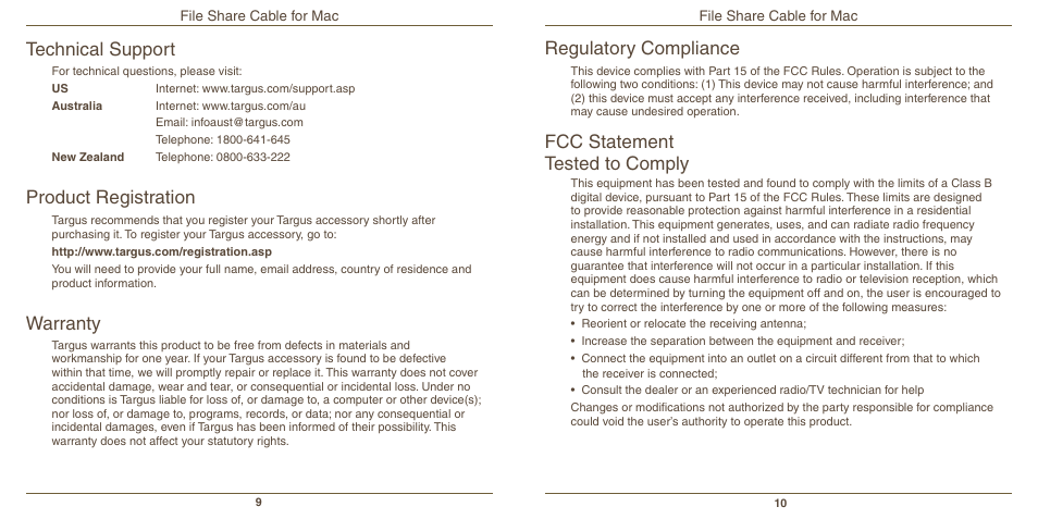 Technical support regulatory compliance, Fcc statement tested to comply, Product registration | Warranty | Targus File Share Cable N2953 User Manual | Page 6 / 6