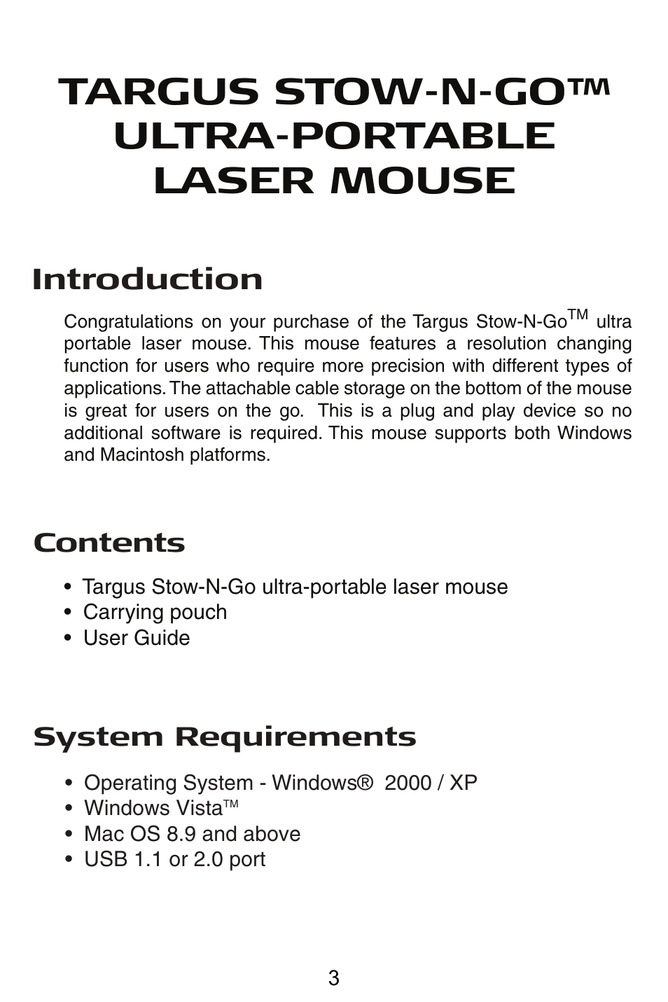 Targus stow-n-go™ ultra-portable laser mouse, Introduction | Targus Store-N-Go Ultra portable Laser AMU22US User Manual | Page 3 / 9