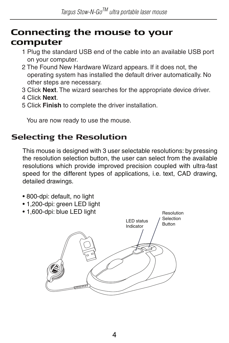Connecting the mouse to your computer | Targus Store-N-Go Ultra portable Laser AMU22US User Manual | Page 4 / 9