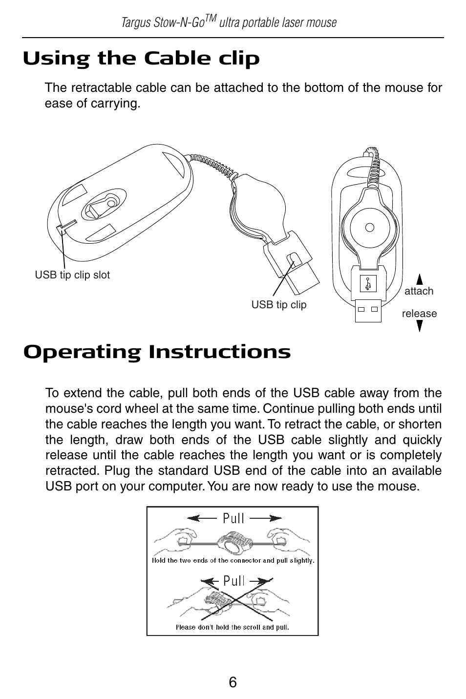 Using the cable clip, Operating instructions | Targus Store-N-Go Ultra portable Laser AMU22US User Manual | Page 6 / 9