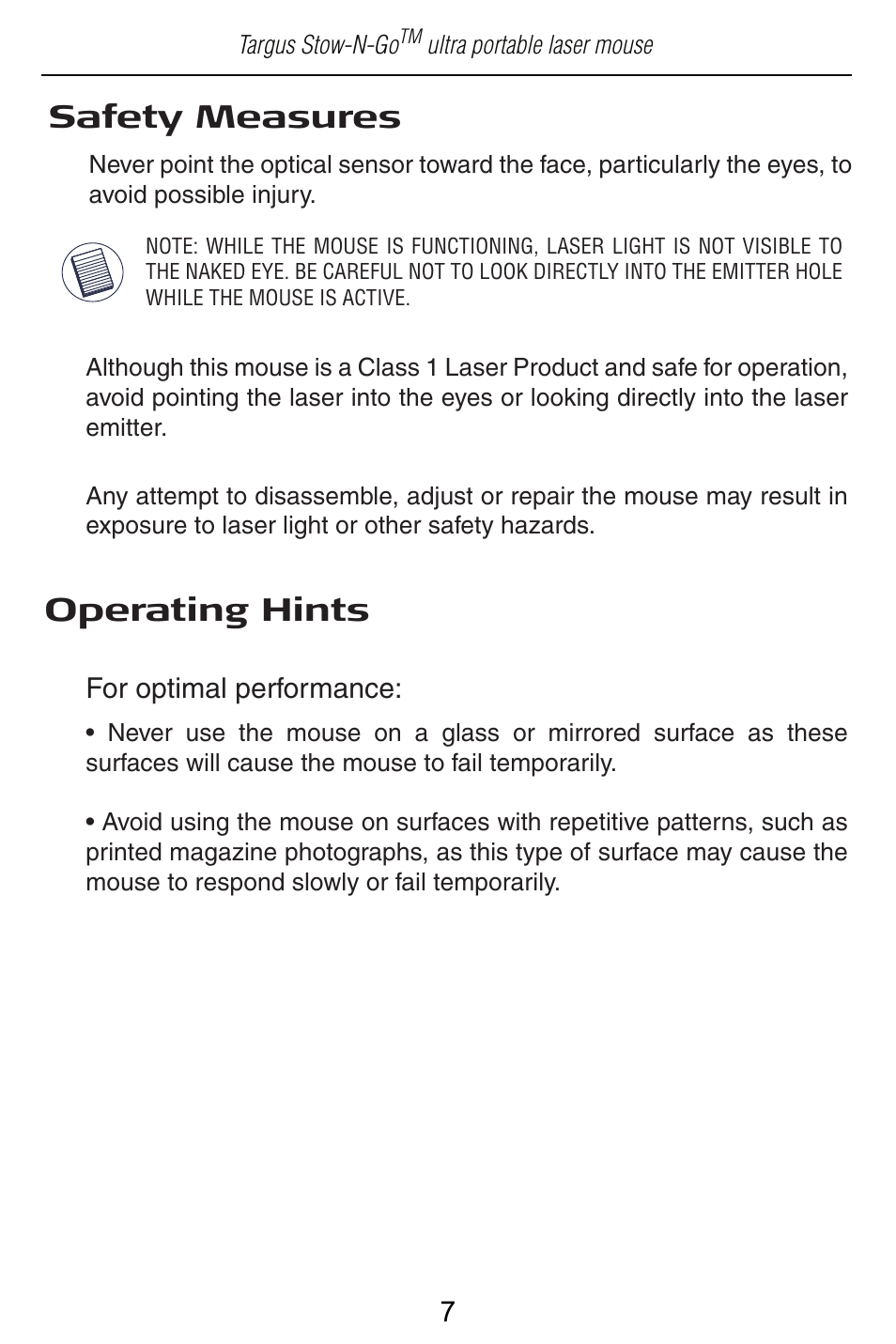 Safety measures, Operating hints | Targus Store-N-Go Ultra portable Laser AMU22US User Manual | Page 7 / 9