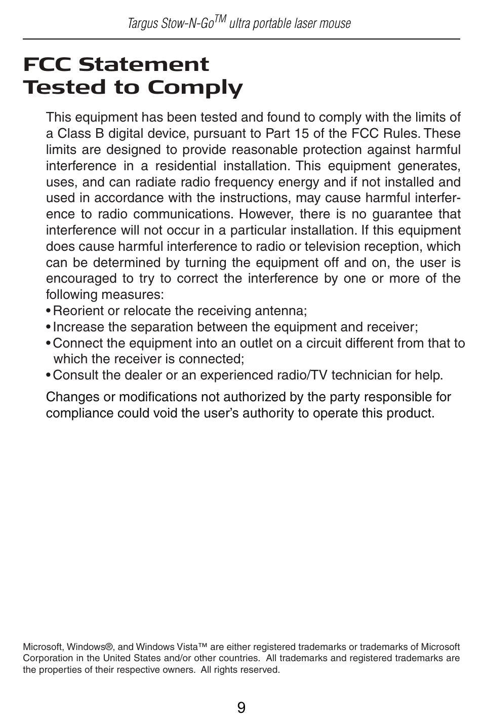 Fcc statement tested to comply, Declaration of conformity | Targus Store-N-Go Ultra portable Laser AMU22US User Manual | Page 9 / 9