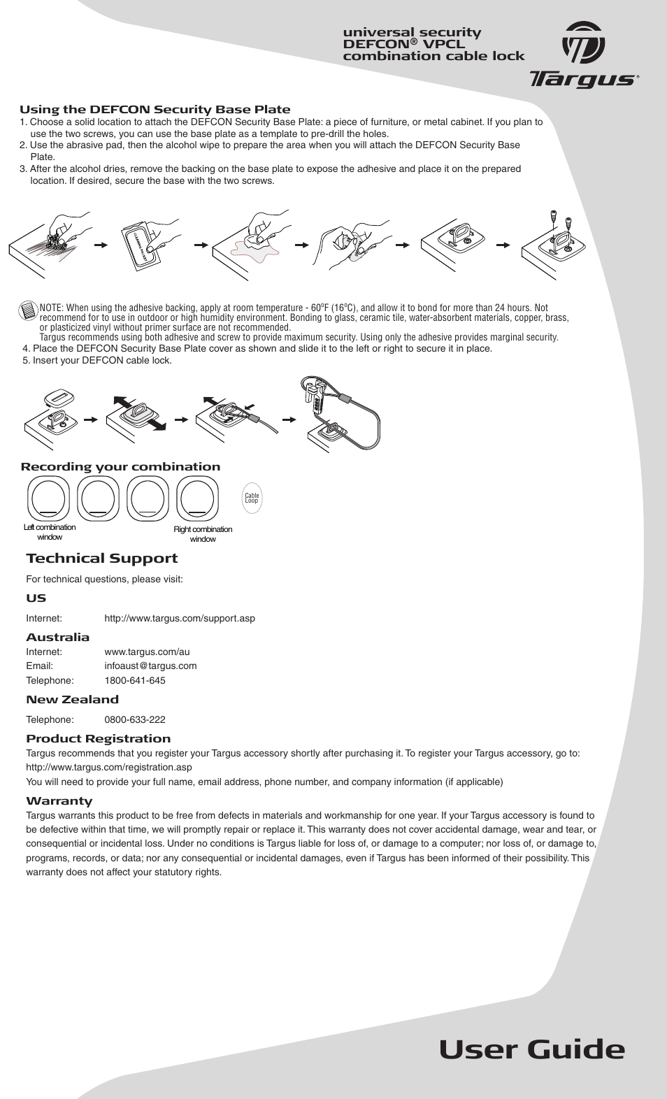 User guide, Technical support | Targus 410-0222-001B User Manual | Page 2 / 2