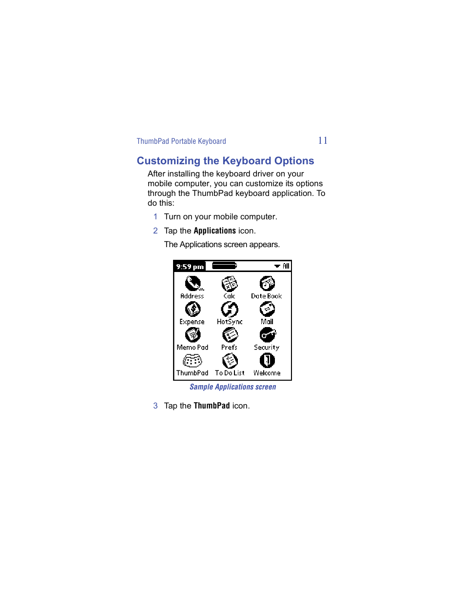 Customizing the keyboard options, 11 customizing the keyboard options | Targus ThumbPad Palm m125 User Manual | Page 11 / 21