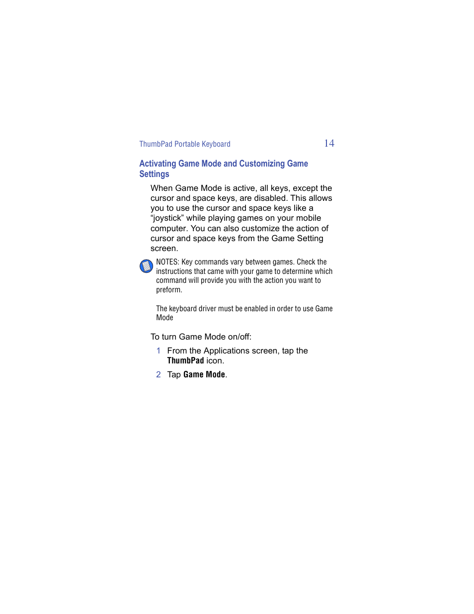 Activating game mode and customizing game settings | Targus ThumbPad Palm m125 User Manual | Page 14 / 21