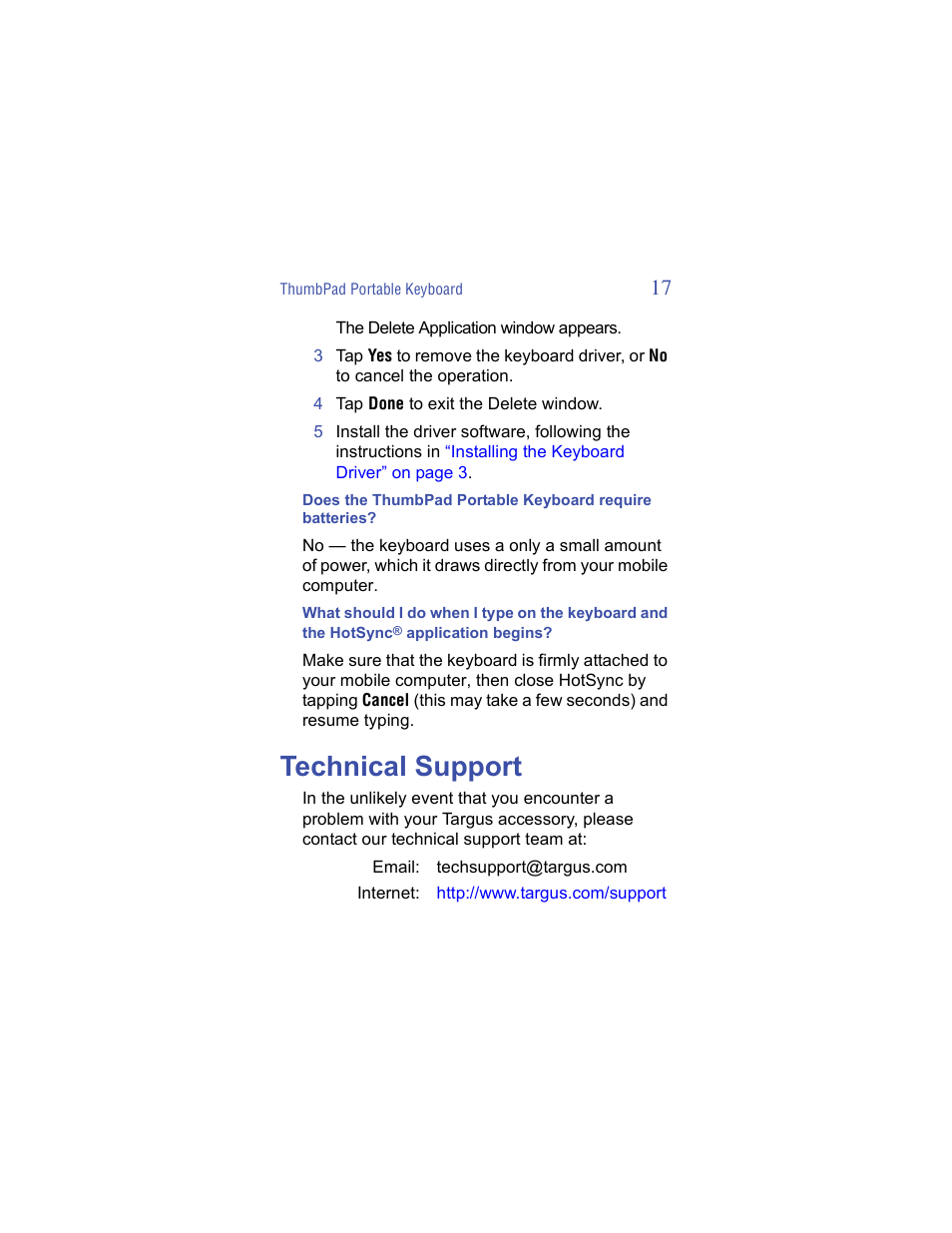 Technical support | Targus ThumbPad Palm m125 User Manual | Page 17 / 21