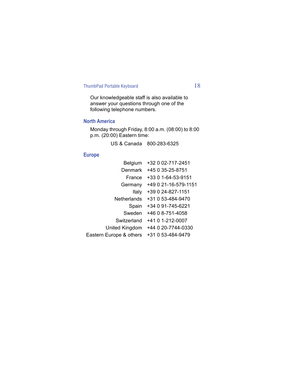 North america, Europe | Targus ThumbPad Palm m125 User Manual | Page 18 / 21