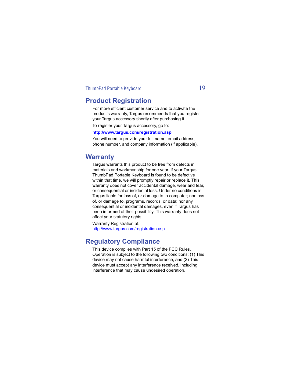 Product registration, Warranty, Regulatory compliance | 19 product registration | Targus ThumbPad Palm m125 User Manual | Page 19 / 21