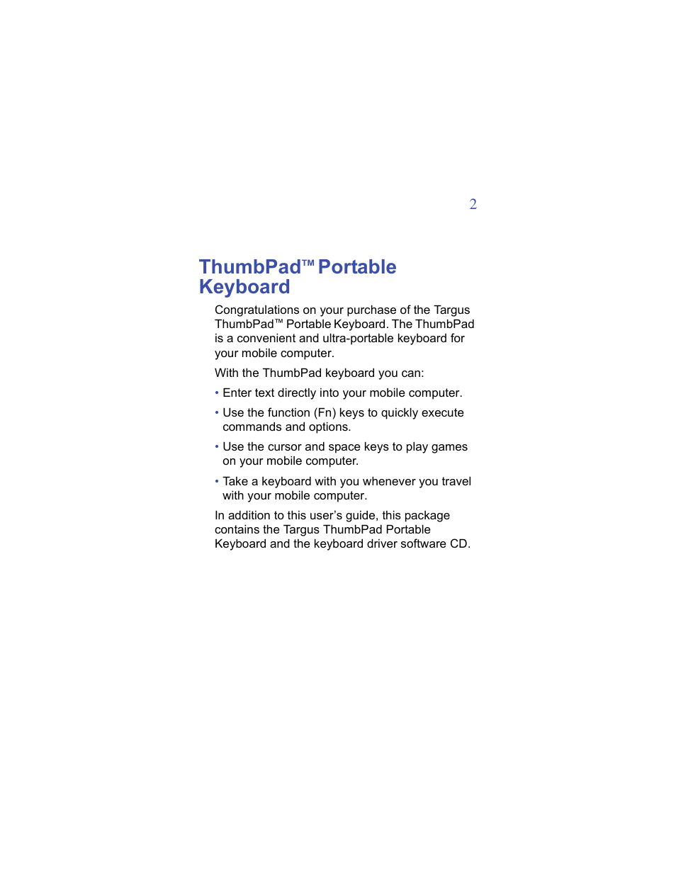 Thumbpad portable keyboard | Targus ThumbPad Palm m125 User Manual | Page 2 / 21
