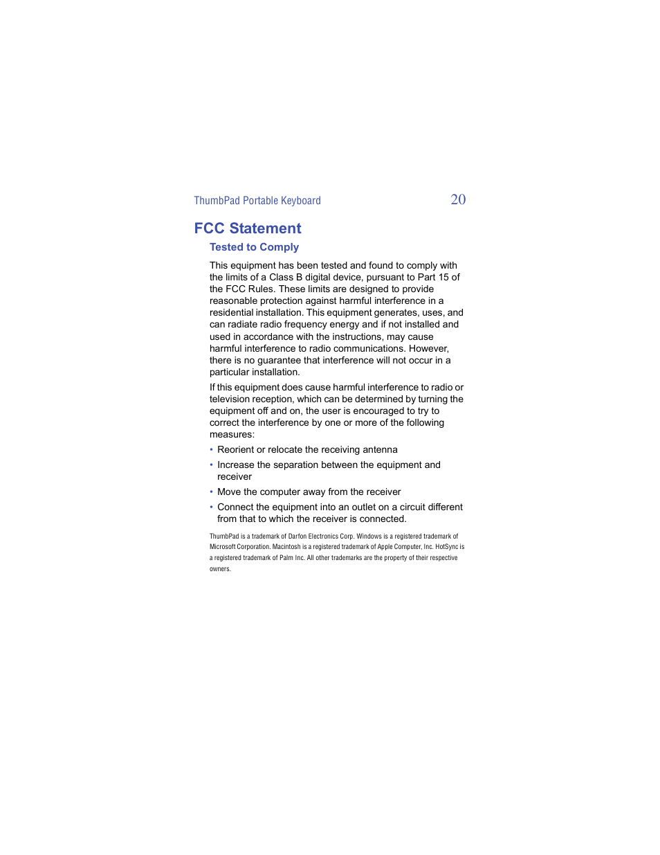 Fcc statement, 20 fcc statement | Targus ThumbPad Palm m125 User Manual | Page 20 / 21