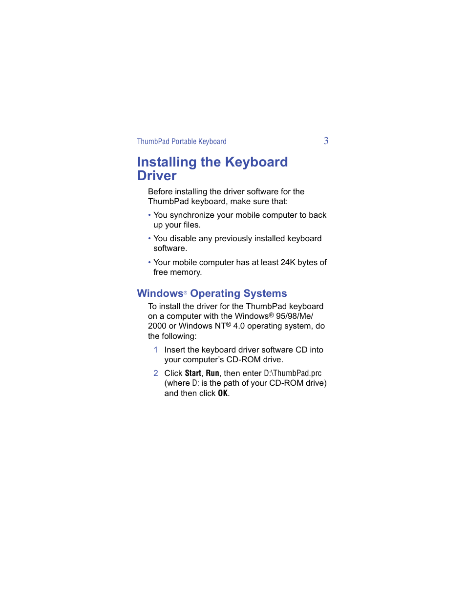 Installing the keyboard driver, Windows® operating systems | Targus ThumbPad Palm m125 User Manual | Page 3 / 21