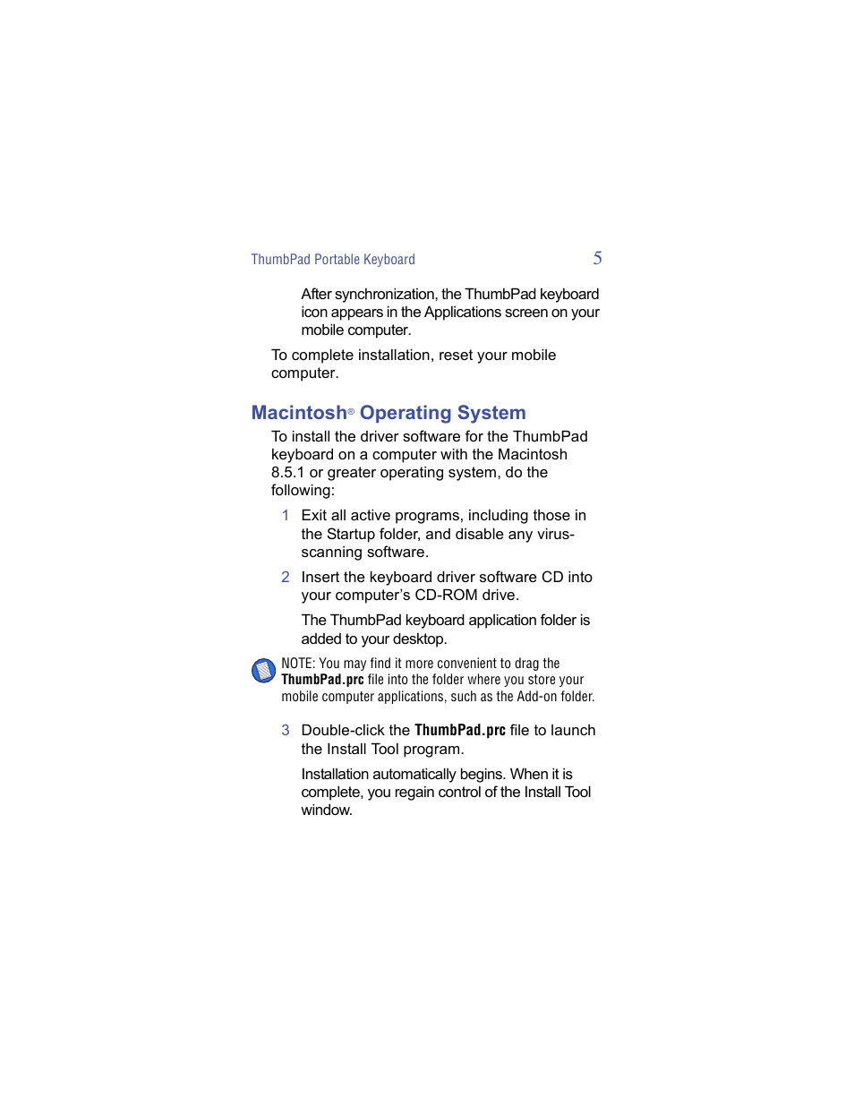 Macintosh® operating system, Macintosh, Operating system | Targus ThumbPad Palm m125 User Manual | Page 5 / 21