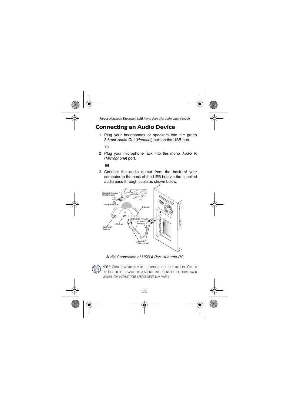 Connecting an audio device | Targus Notebook Expansion USB home dock with audio pass-through USER GUIDE User Manual | Page 10 / 16
