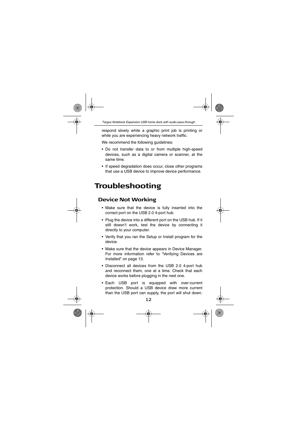 Troubleshooting | Targus Notebook Expansion USB home dock with audio pass-through USER GUIDE User Manual | Page 12 / 16