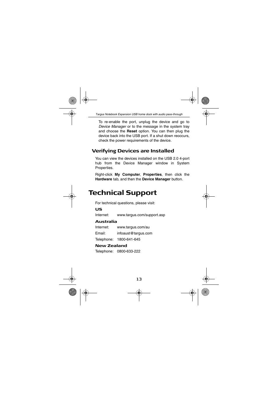 Technical support | Targus Notebook Expansion USB home dock with audio pass-through USER GUIDE User Manual | Page 13 / 16