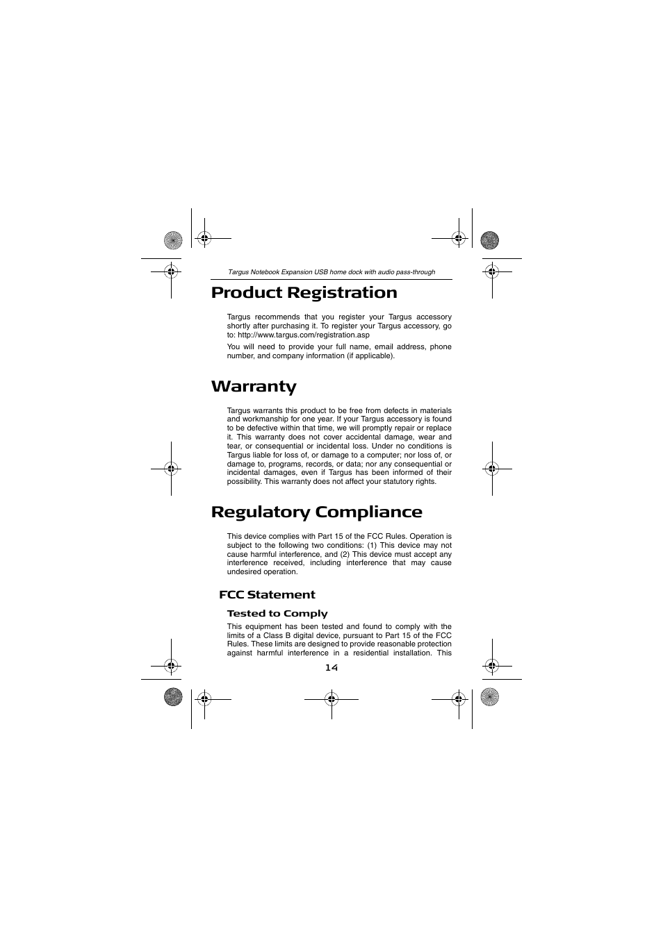 Product registration, Warranty, Regulatory compliance | Targus Notebook Expansion USB home dock with audio pass-through USER GUIDE User Manual | Page 14 / 16
