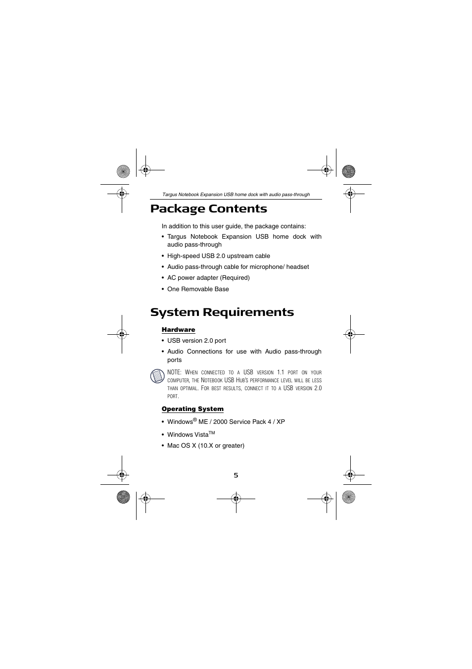 System requirements, Package contents | Targus Notebook Expansion USB home dock with audio pass-through USER GUIDE User Manual | Page 5 / 16