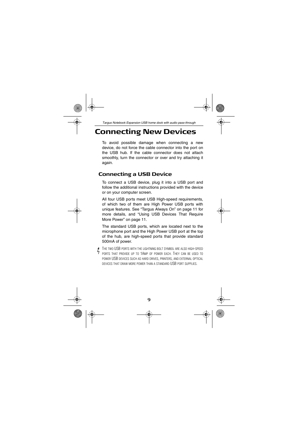 Connecting new devices, Connecting a usb device | Targus Notebook Expansion USB home dock with audio pass-through USER GUIDE User Manual | Page 9 / 16
