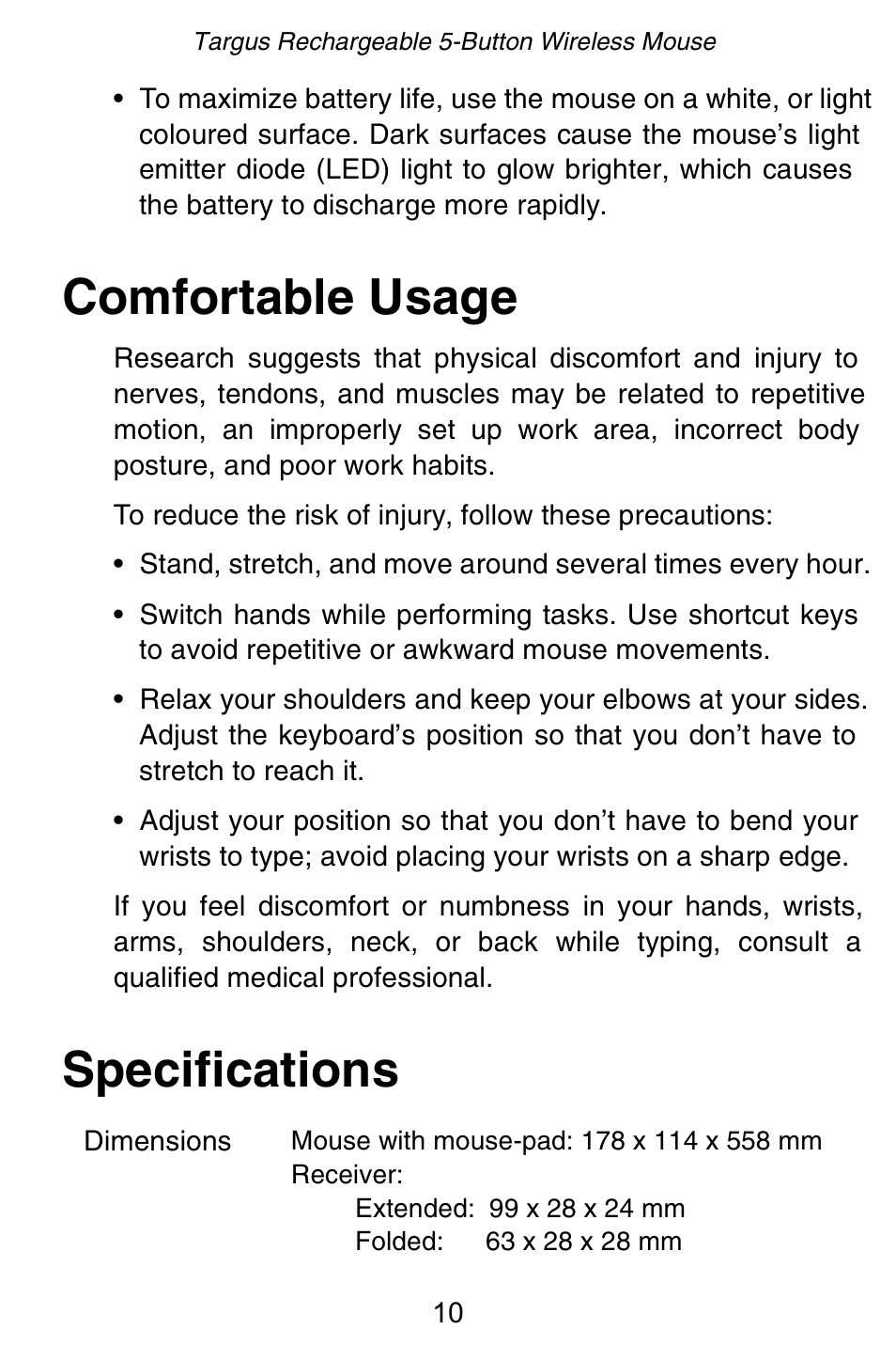 Comfortable usage, Specifications | Targus Rechargeable 5-Button Wireless Mouse User Manual | Page 10 / 99