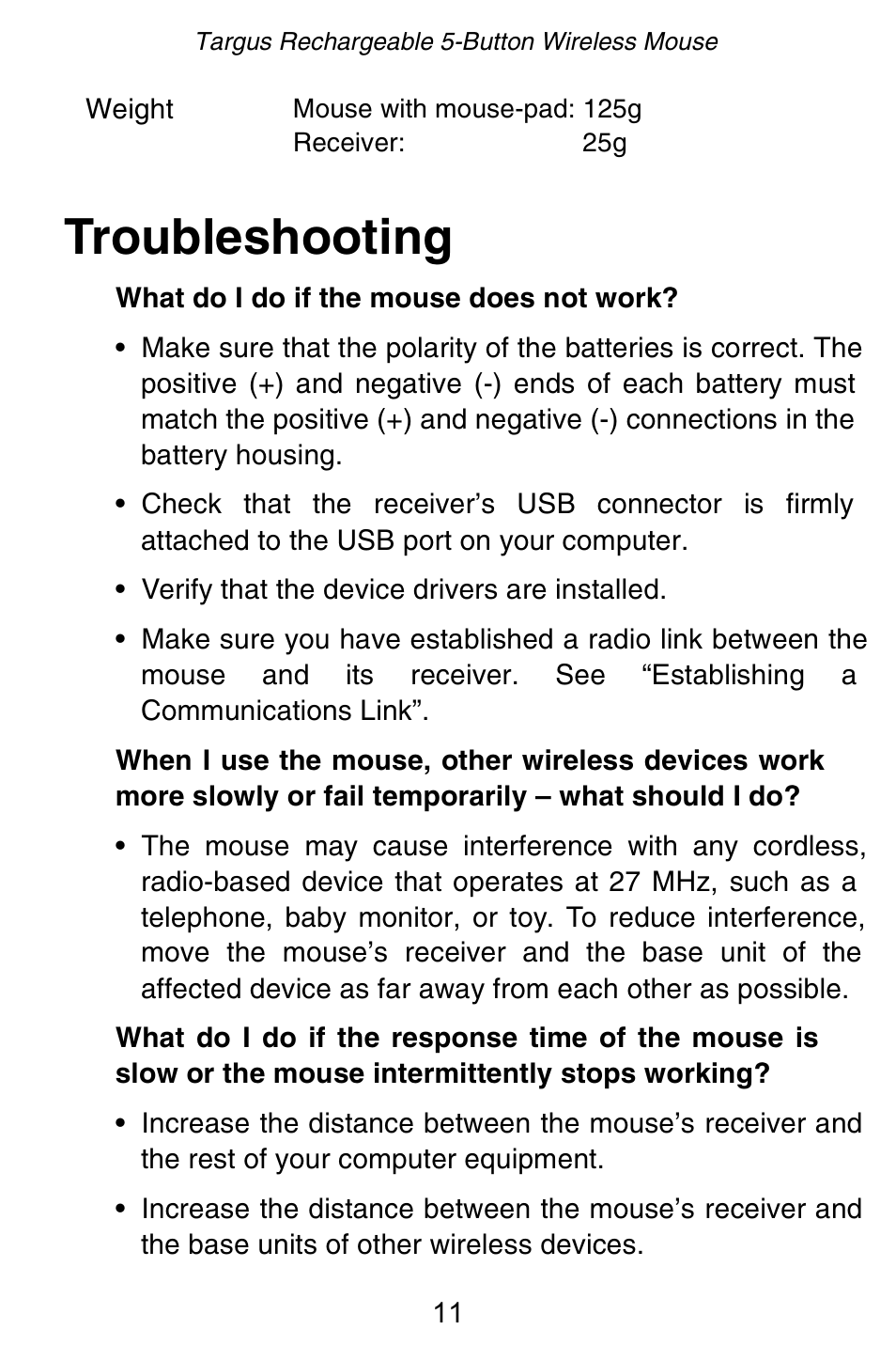 Troubleshooting | Targus Rechargeable 5-Button Wireless Mouse User Manual | Page 11 / 99